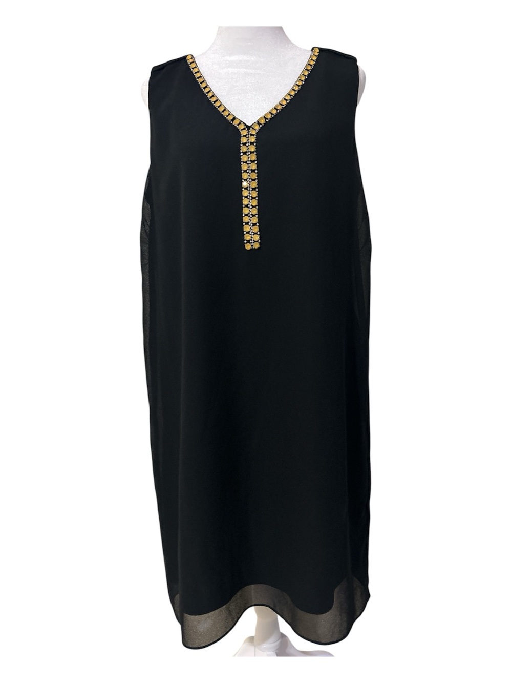 SLNY Black Midi Dress with Gold Beaded Trim